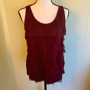 LOFT Maroon Polka Dot Ruffled Sleeveless Flowy Top Size LP Large Petite